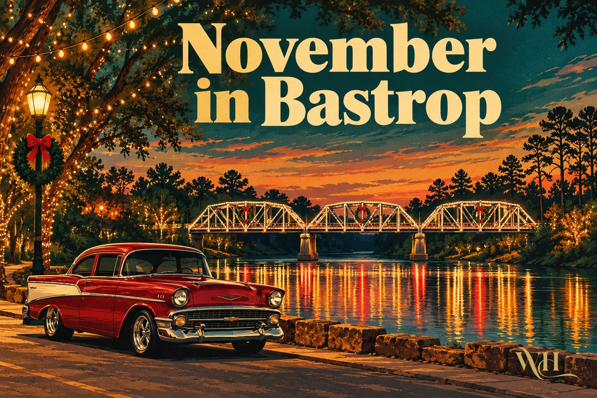 Illustrated poster of a classic hot rod on Main Street with holiday lights over the Colorado River and the words November in Bastrop
