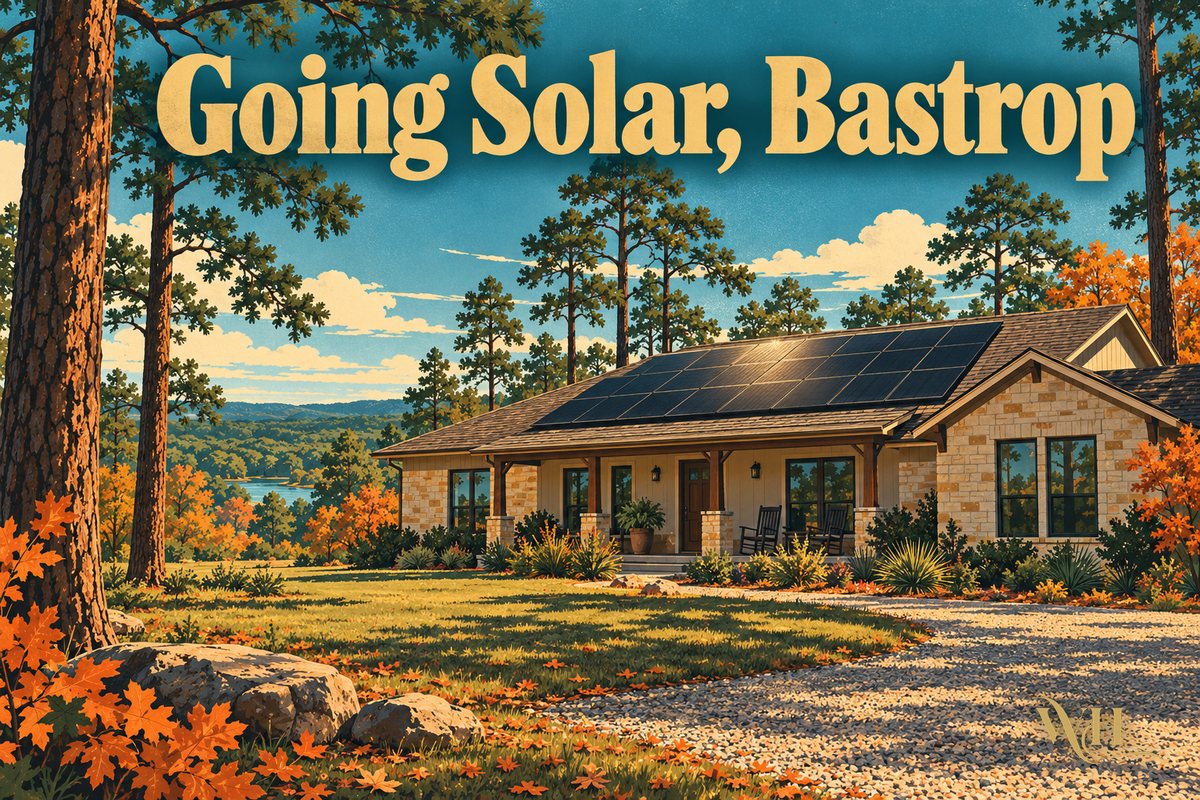 Illustrated poster of a Bastrop home with rooftop solar panels under tall pines and the words Going Solar, Bastrop