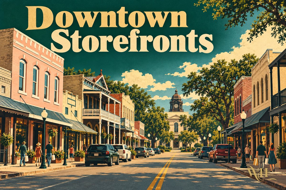 Illustrated poster of historic Main Street storefronts in downtown Bastrop with the words Downtown Storefronts, Bastrop