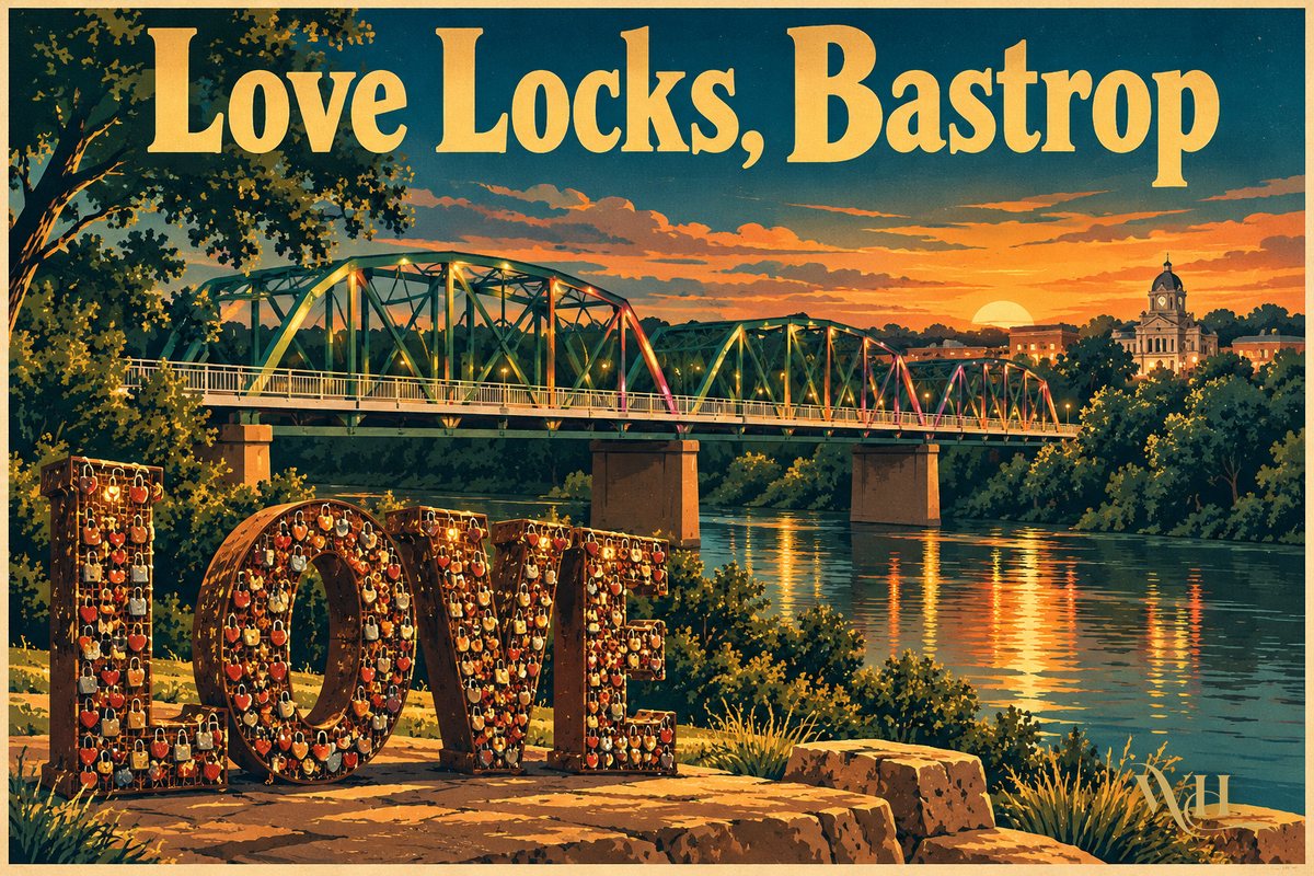 Illustrated poster of the steel truss Old Iron Bridge over the Colorado River at dusk with colorful locks and the words Love Locks, Bastrop