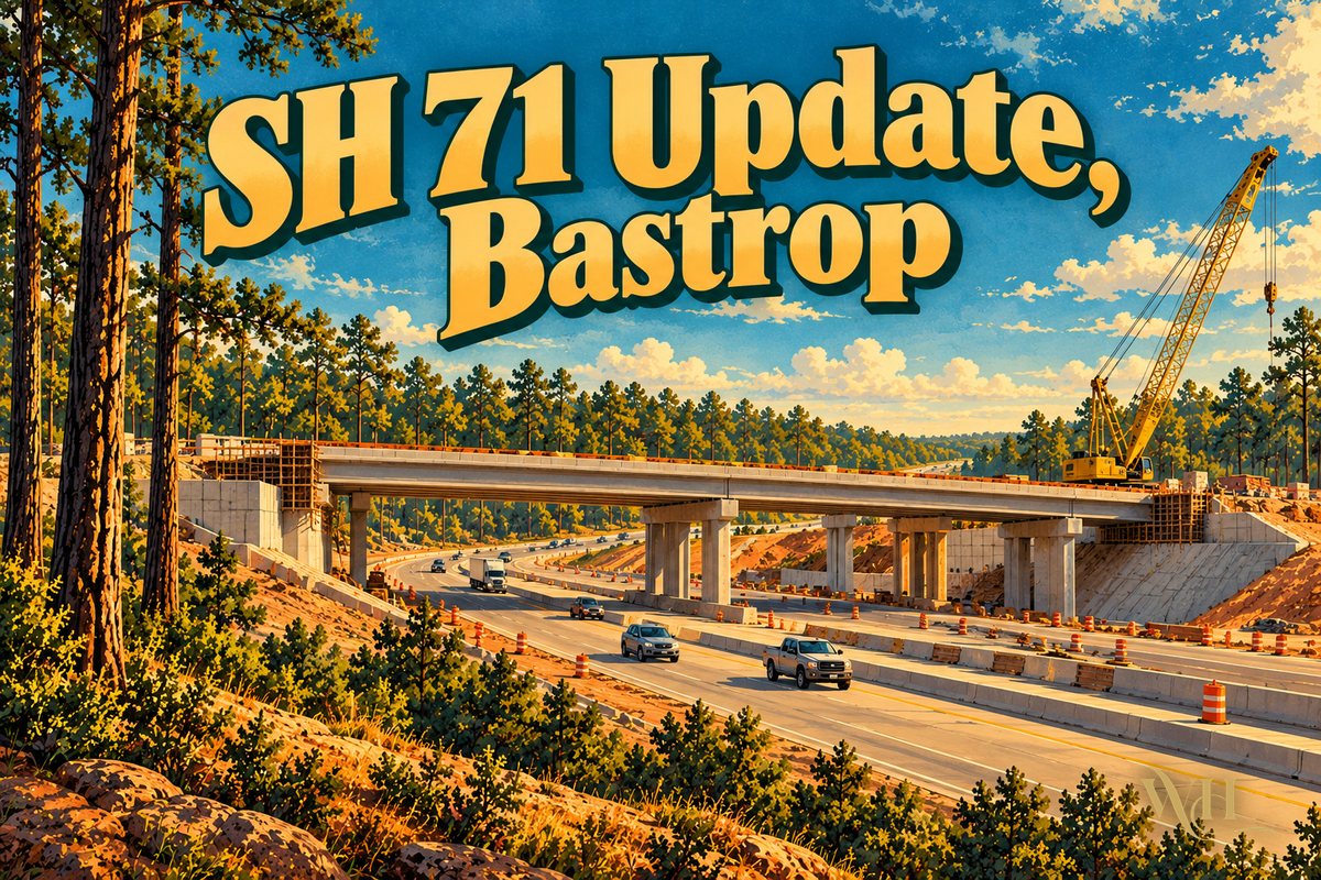 Illustrated poster of a new highway overpass under construction along SH 71 with pine trees and the words SH 71 Update, Bastrop